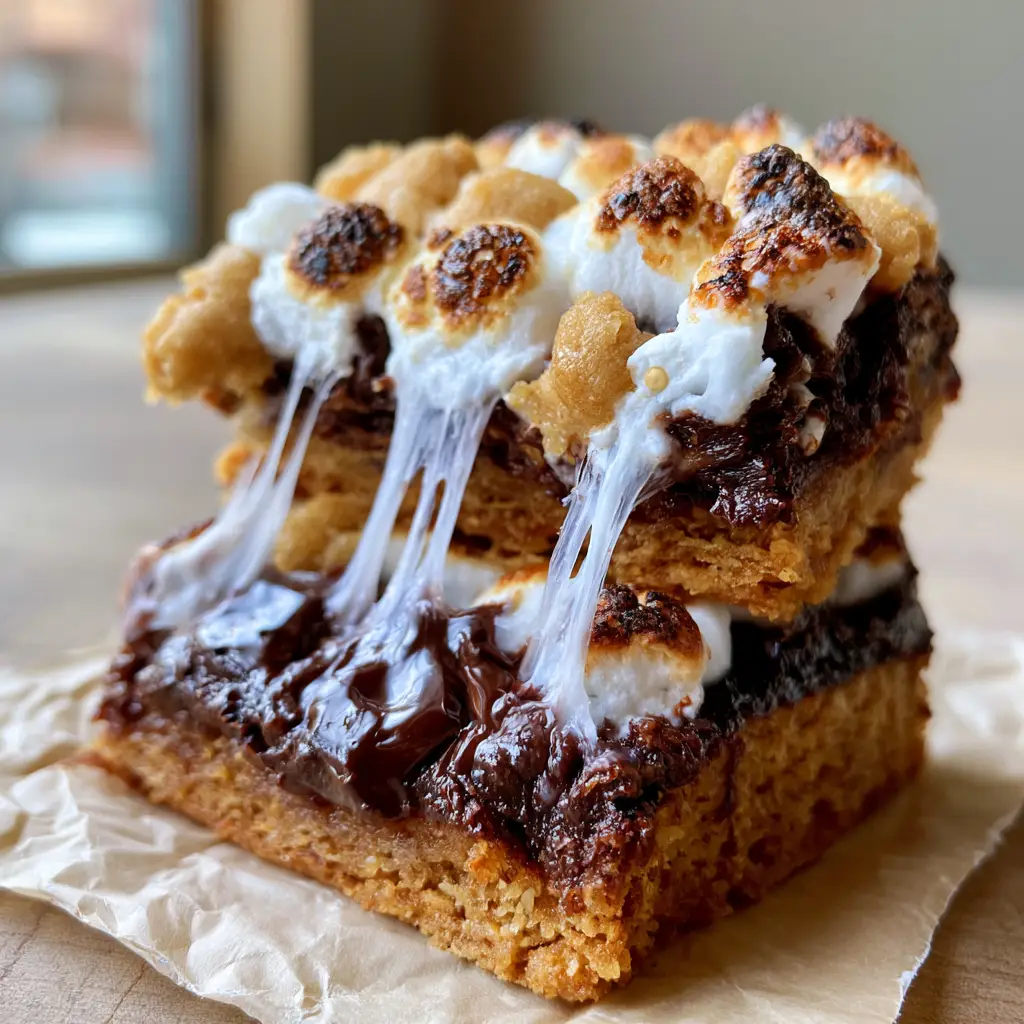 S'mores Cookie Bars: The Ultimate Gooey, Toasted Marshmallow Treat 1 Layered s'mores cookie bars showing the buttery graham cracker crust and the thick dark chocolate ganache layer.