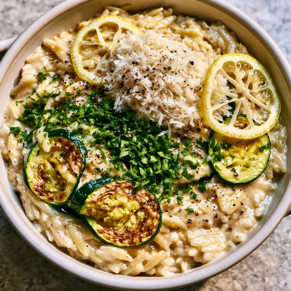 Lemon Orzo with Zucchini: The Ultimate Creamy One-Pan Summer Pasta 1 Handheld photo showing the heavy shower of parsley and cracked black pepper over the lemon orzo with zucchini.