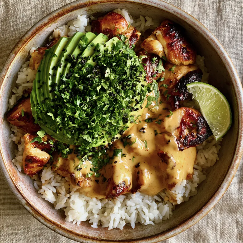 Top-down view of a Coconut Chicken Rice Bowl with a vibrant green avocado fan and black sesame seeds on a beige linen background.