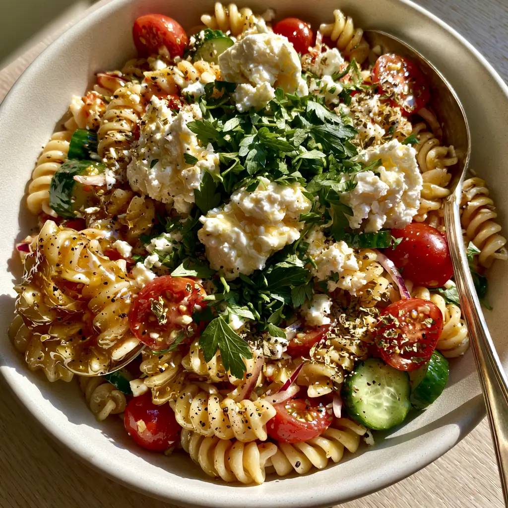 Summer Pasta Salad with Zesty Lemon-Herb Vinaigrette and Feta 1 Top-down view of a Mediterranean Summer Pasta Salad featuring slivered red onions and Kalamata olives in a matte white bowl.