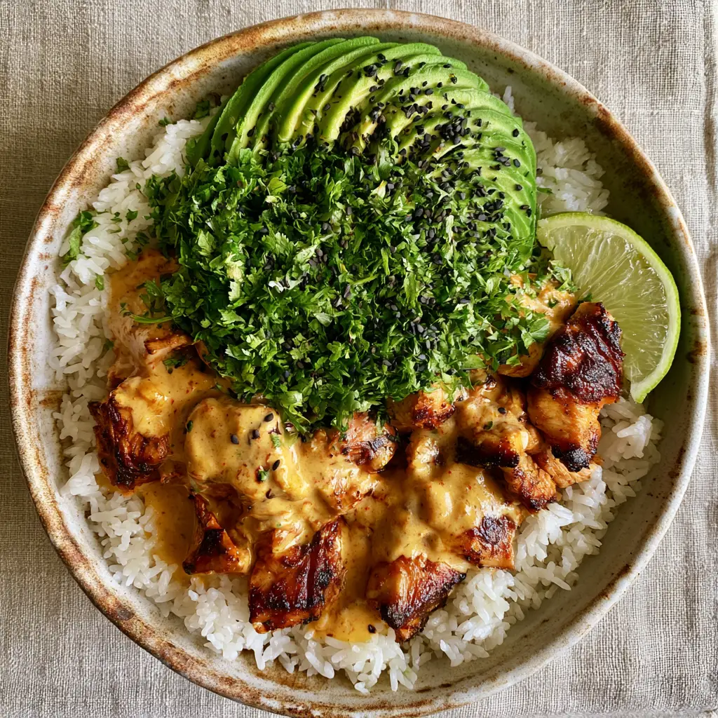 Close-up of seared chicken breast cubes in a glossy pale-orange coconut sauce over fluffy white jasmine rice.