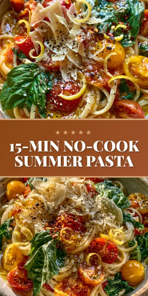 Summer Garden Pasta with Fresh Cherry Tomatoes and Basil 4 A shallow rustic bowl of Summer Garden Pasta with linguine, halved red and yellow tomatoes, and fresh basil in golden-hour light.