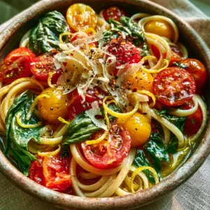 Smartphone photo of Summer Garden Pasta showing shimmering emulsified sauce on linguine with heirloom cherry tomatoes and shaved parmesan.