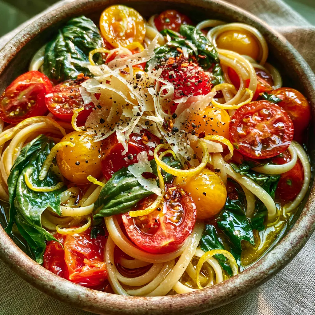 Summer Garden Pasta with Fresh Cherry Tomatoes and Basil 2 Smartphone photo of Summer Garden Pasta showing shimmering emulsified sauce on linguine with heirloom cherry tomatoes and shaved parmesan.