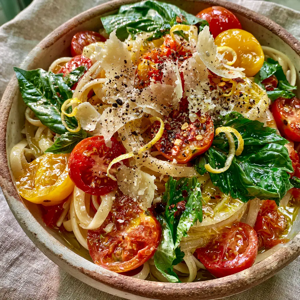 Summer Garden Pasta with Fresh Cherry Tomatoes and Basil 1 Close up of linguine pasta with large rustic tears of basil, yellow cherry tomatoes, and lemon zest strips (Summer Garden Pasta).