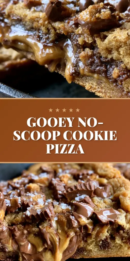 Peanut Butter Chocolate Chip Cookie Pizza: The Ultimate Gooey Skillet Dessert 4 A close-up vertical shot of a Peanut Butter Chocolate Chip Cookie Pizza with melted chocolate and PB cups.