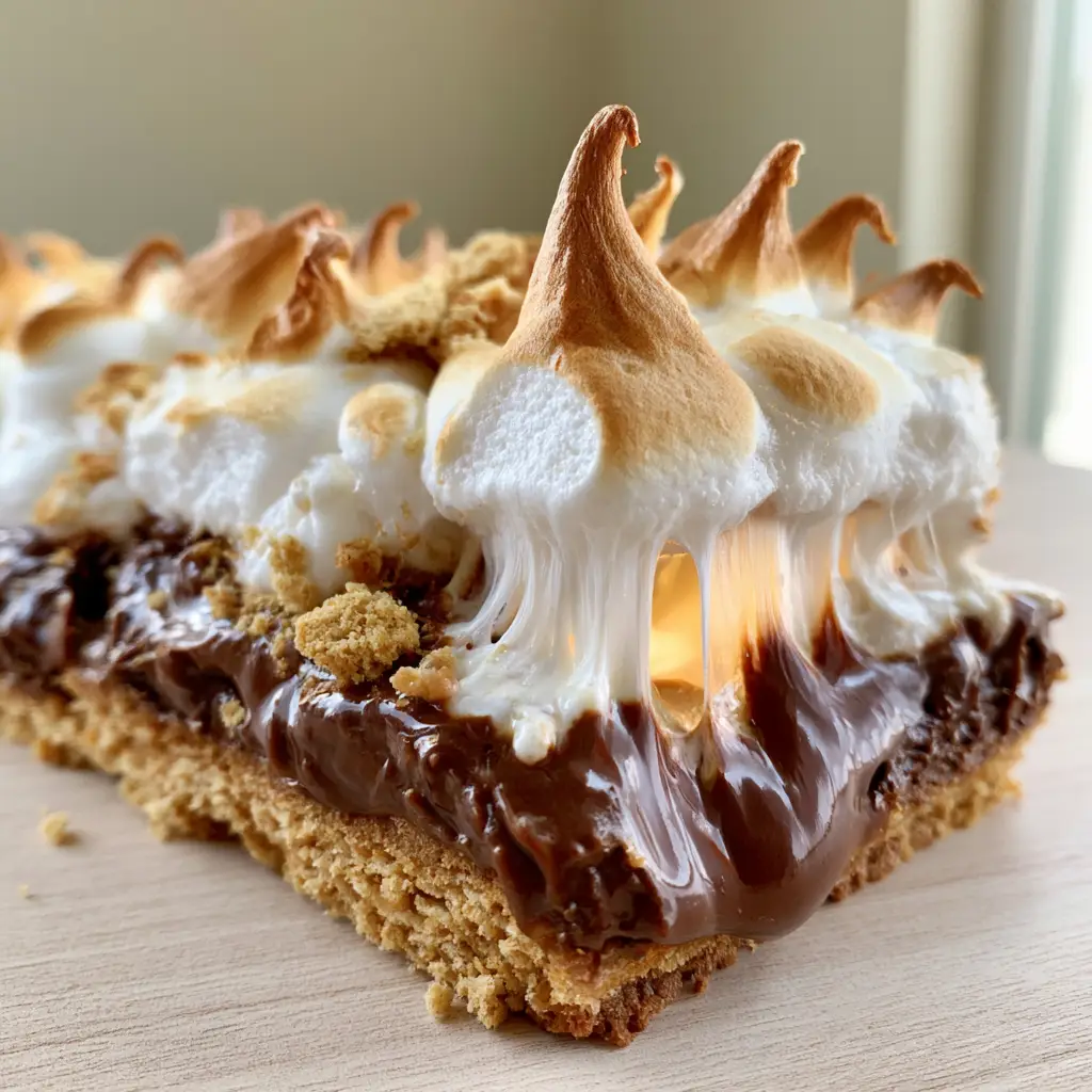 Close up of the layered textures of s'more bars, highlighting the glossy melted milk chocolate and the pillowy white marshmallow centers.