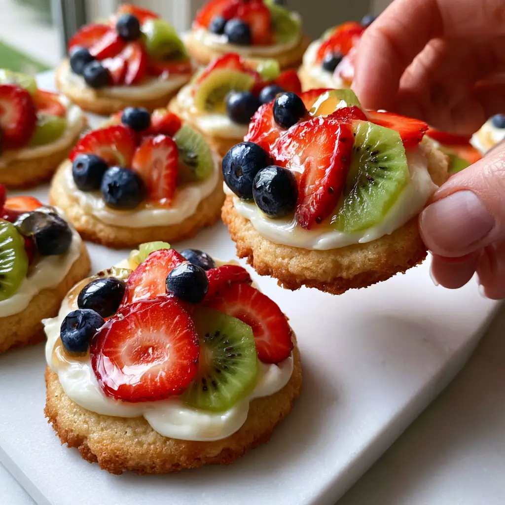 Mini Fruit Pizzas With Soft Sugar Cookie Crust And Thick Cream Cheese Glaze 2 Side profile of a Mini Fruit Pizza showing the thick soft-baked golden sugar cookie base and glistening fruit.
