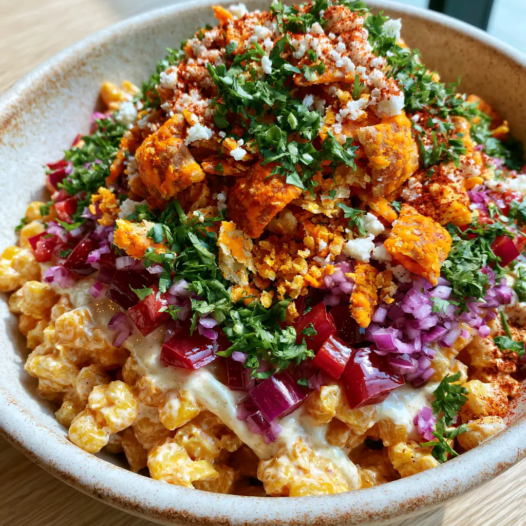 Frito Corn Salad with Creamy Lime Dressing and Chili Cheese Crunch 1 A mountain of orange-dusted chili cheese Fritos on top of a fresh corn salad with cotija cheese and cilantro.
