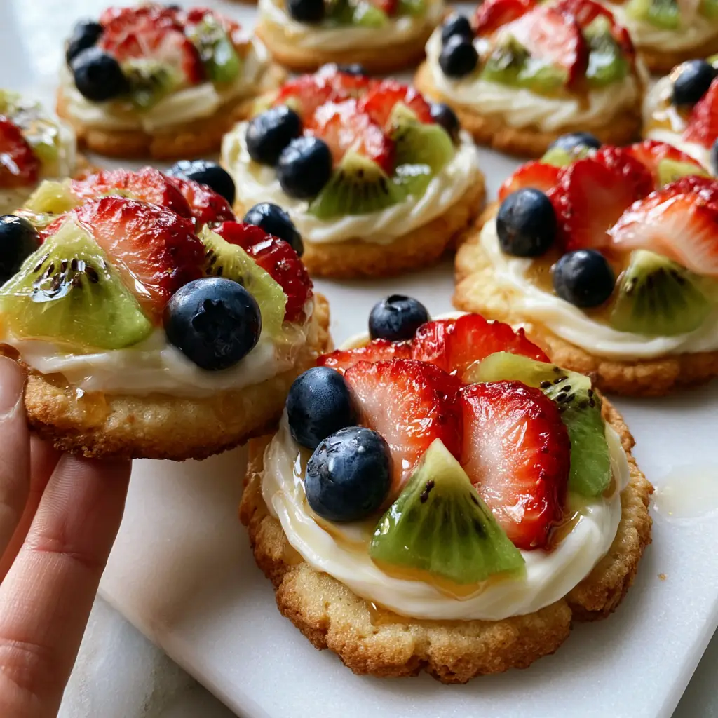 Mini Fruit Pizzas With Soft Sugar Cookie Crust And Thick Cream Cheese Glaze 1 Close-up of a hand picking up a Mini Fruit Pizza with thick white cream cheese swirl and vibrant kiwi.