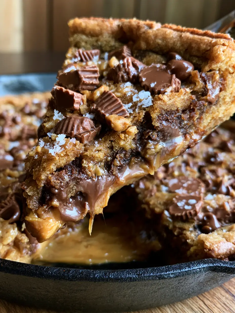 Peanut Butter Chocolate Chip Cookie Pizza: The Ultimate Gooey Skillet Dessert 3 A thick slice of Peanut Butter Chocolate Chip Cookie Pizza being lifted from a black cast-iron skillet, showing a gooey center.