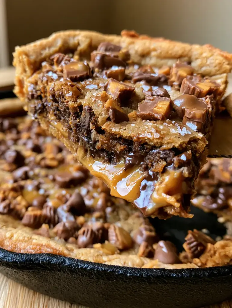Peanut Butter Chocolate Chip Cookie Pizza: The Ultimate Gooey Skillet Dessert 1 Top view of a Peanut Butter Chocolate Chip Cookie Pizza in a skillet with glistening chocolate chips and sea salt.