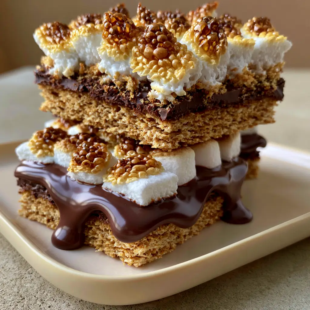 S'mores Bars with Gooey Milk Chocolate and Toasted Marshmallow Tops 2 A handheld smartphone photo of s'mores bars with slow-dripping melted milk chocolate and caramelized marshmallows. (s'mores bars)
