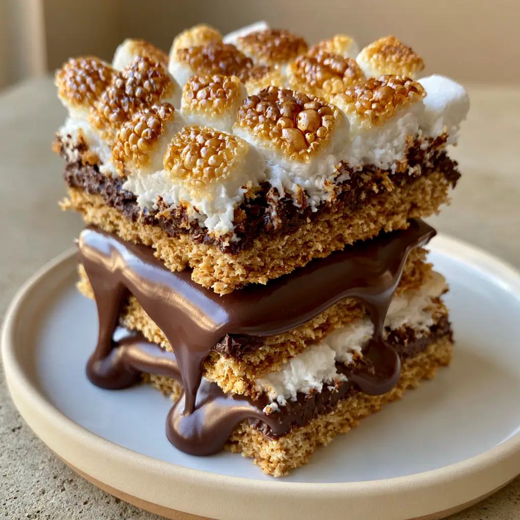 S'mores Bars with Gooey Milk Chocolate and Toasted Marshmallow Tops 1 Close-up of toasted mini marshmallows with beautifully caramelized golden-brown blistered tops on s'mores bars.
