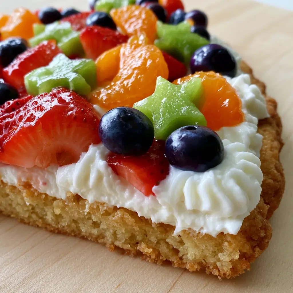 Fruit Pizza with a Thick Golden Sugar Cookie Crust and Whipped Cream Cheese Frosting 2 Whole Fruit Pizza with glistening strawberries, blueberries, kiwi stars, and mandarin segments on a white whipped frosting. (Fruit Pizza)