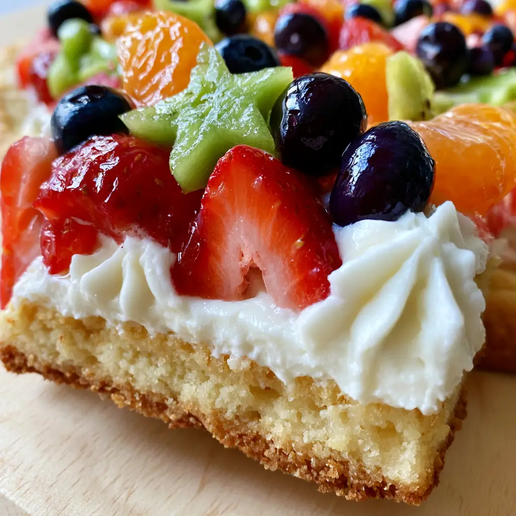 Fruit Pizza with a Thick Golden Sugar Cookie Crust and Whipped Cream Cheese Frosting 1 Side view of a Fruit Pizza slice showing the thick buttery cookie crumb and decorative frosting ridges.