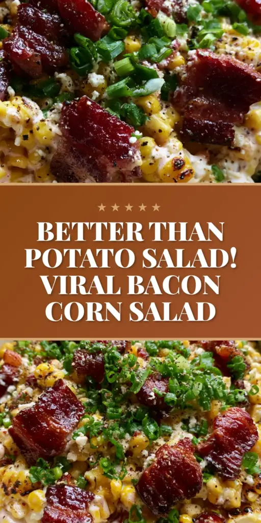 Bacon and Corn Salad with Charred Sweet Corn and Cotija 3 A rustic ceramic bowl filled with Bacon and Corn Salad featuring charred corn kernels, crispy bacon chunks, and white cotija cheese crumbles.