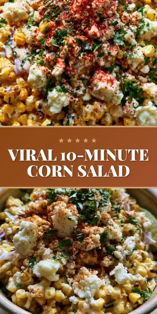 A top-down angled shot of Mexican Street Corn Salad in a matte ceramic bowl with fire-roasted corn, cotija, and red onion. (corn salad)