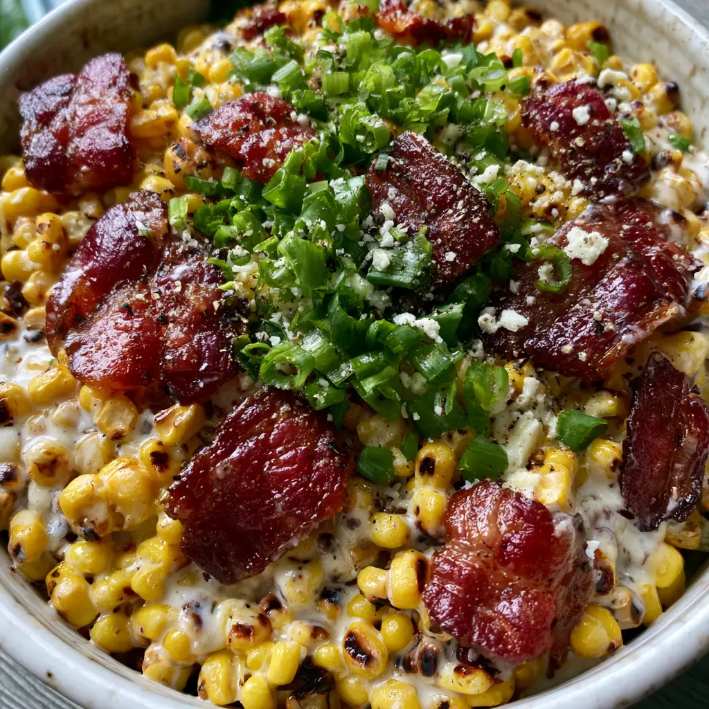 Bacon and Corn Salad with Charred Sweet Corn and Cotija 2 Close-up of charred corn kernels and glistening bacon in a Bacon and Corn Salad.