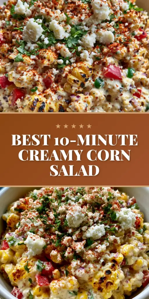 Creamy Corn Salad with Charred Sweet Corn and Lime Crema 4 A close-up handheld photo of a creamy corn salad in a white bowl featuring charred corn, red peppers, and cotija cheese garnish.