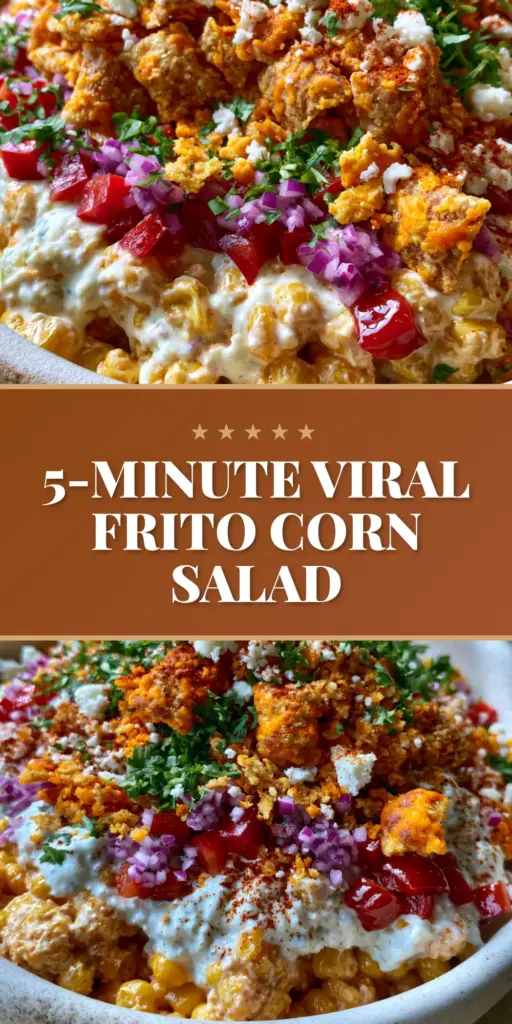 Frito Corn Salad with Creamy Lime Dressing and Chili Cheese Crunch 4 A high-angle photo of a vibrant frito corn salad in a rustic white bowl, topped with whole Chili Cheese Fritos and fresh cilantro on a wood background.