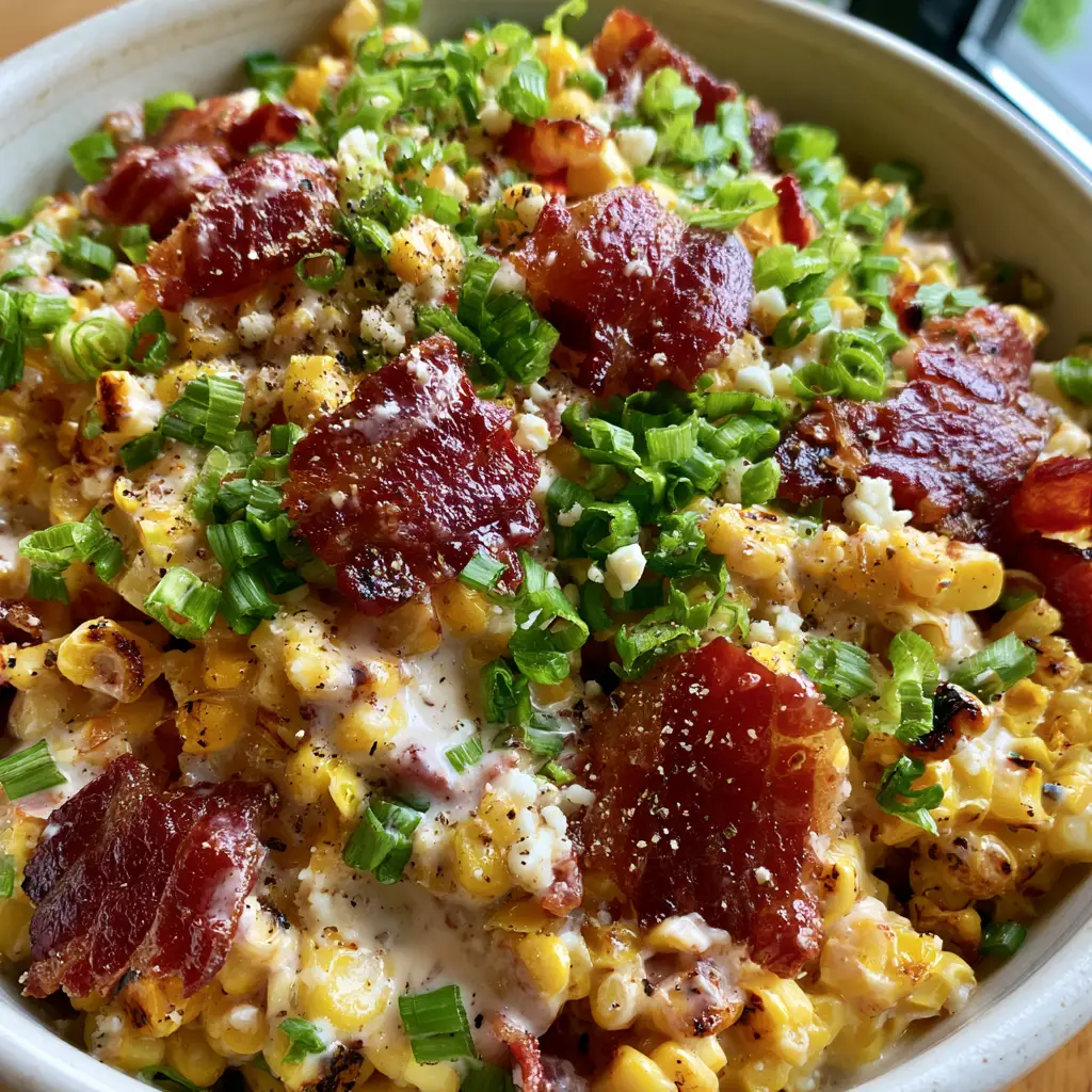 Bacon and Corn Salad with Charred Sweet Corn and Cotija 1 Top-down view of Bacon and Corn Salad with green scallions and cracked black pepper garnish.