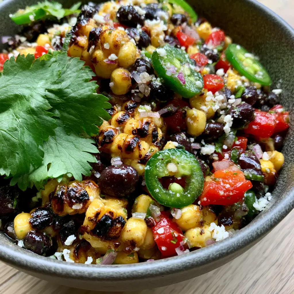 A macro shot showing the glistening cilantro lime dressing on a Charred Corn and Black Bean Salad.