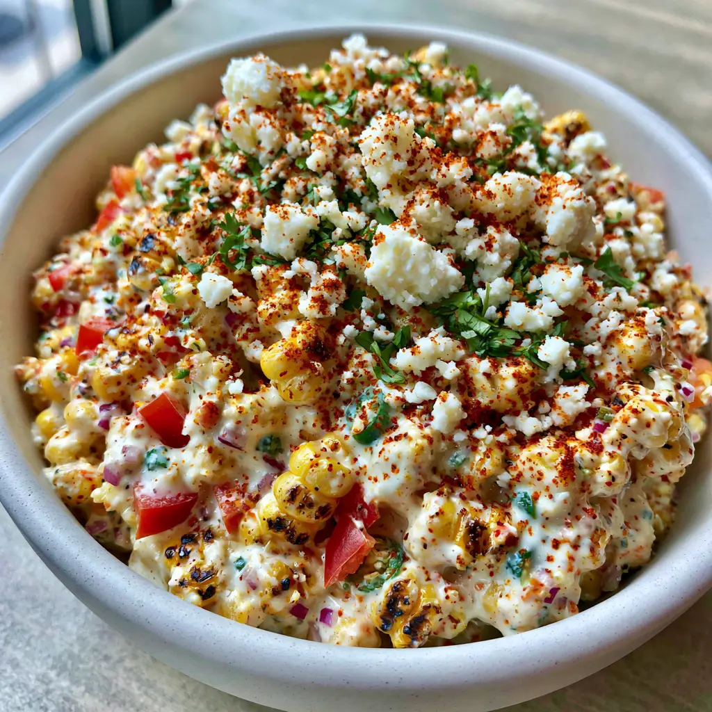Creamy Corn Salad with Charred Sweet Corn and Lime Crema 2 High-angle close-up of vibrant creamy corn salad with yellow charred corn, red bell peppers, and green jalapeños in a matte white bowl.