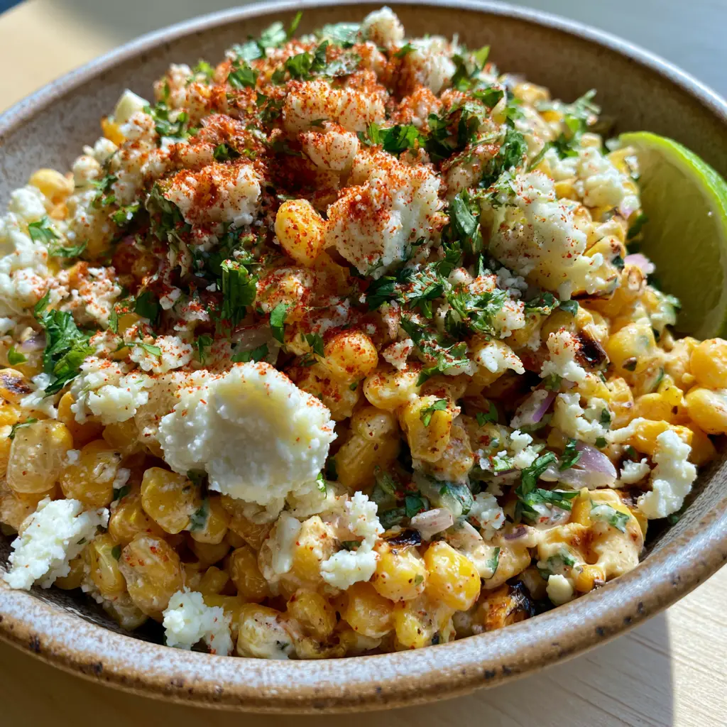 A vibrant bowl of corn salad topped with white cotija cheese and fresh cilantro slivers.