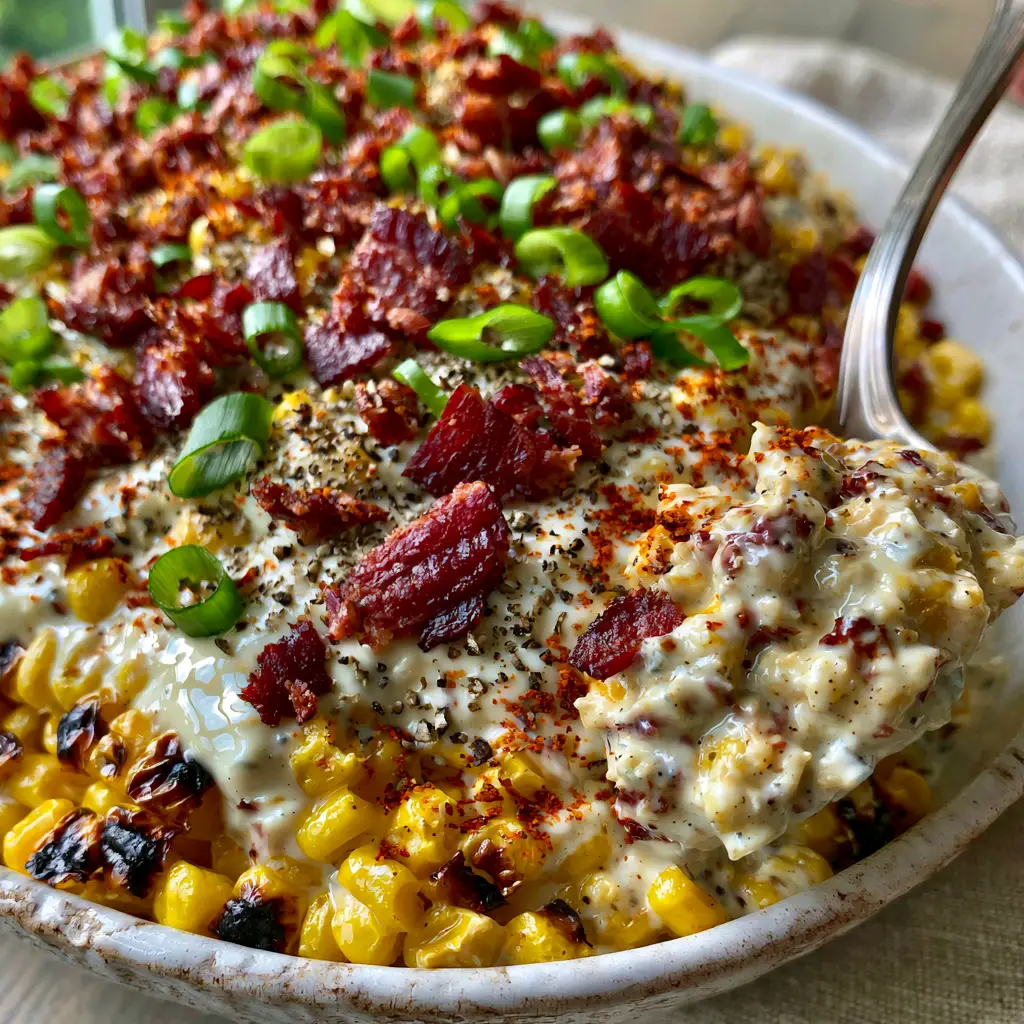 Crack Corn Salad with Charred Roasted Corn and Crispy Bacon 2 Macro shot of charred corn kernels and crispy bacon in a creamy crack corn salad.