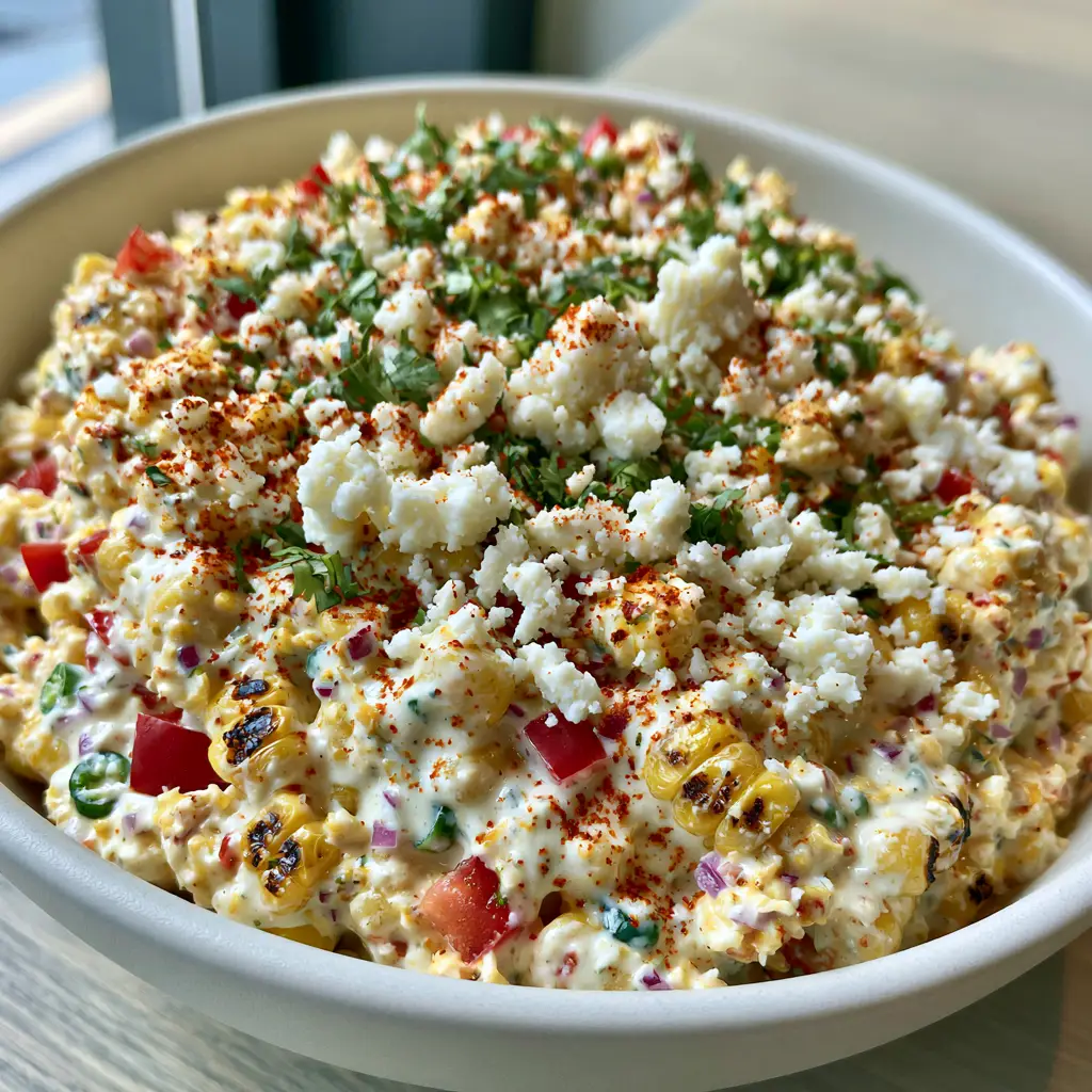 Creamy Corn Salad with Charred Sweet Corn and Lime Crema 1 A handheld smartphone photo showing the messy, fresh texture of creamy corn salad with cotija cheese and cilantro toppings.