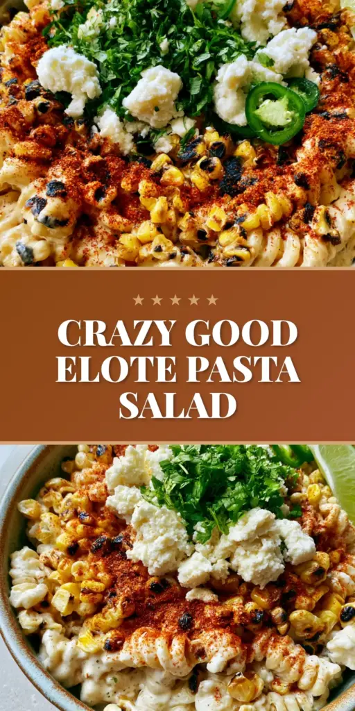 Elote Pasta Salad with Fire-Roasted Corn and Lime Crema 4 A close-up of elote pasta salad in a rustic ceramic bowl featuring charred corn, rotini, and a dusting of Tajin seasoning.