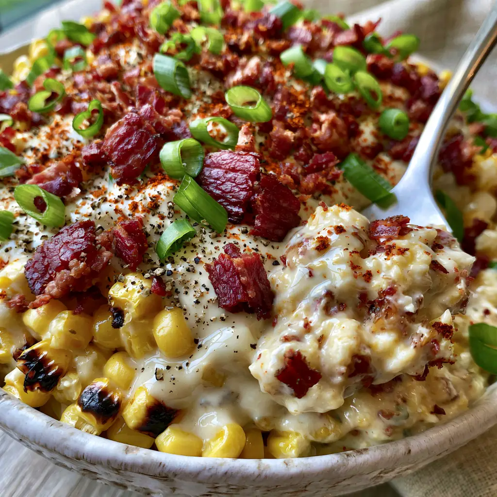 Crack Corn Salad with Charred Roasted Corn and Crispy Bacon 1 A silver spoon lifting a creamy portion of crack corn salad from a white bowl.