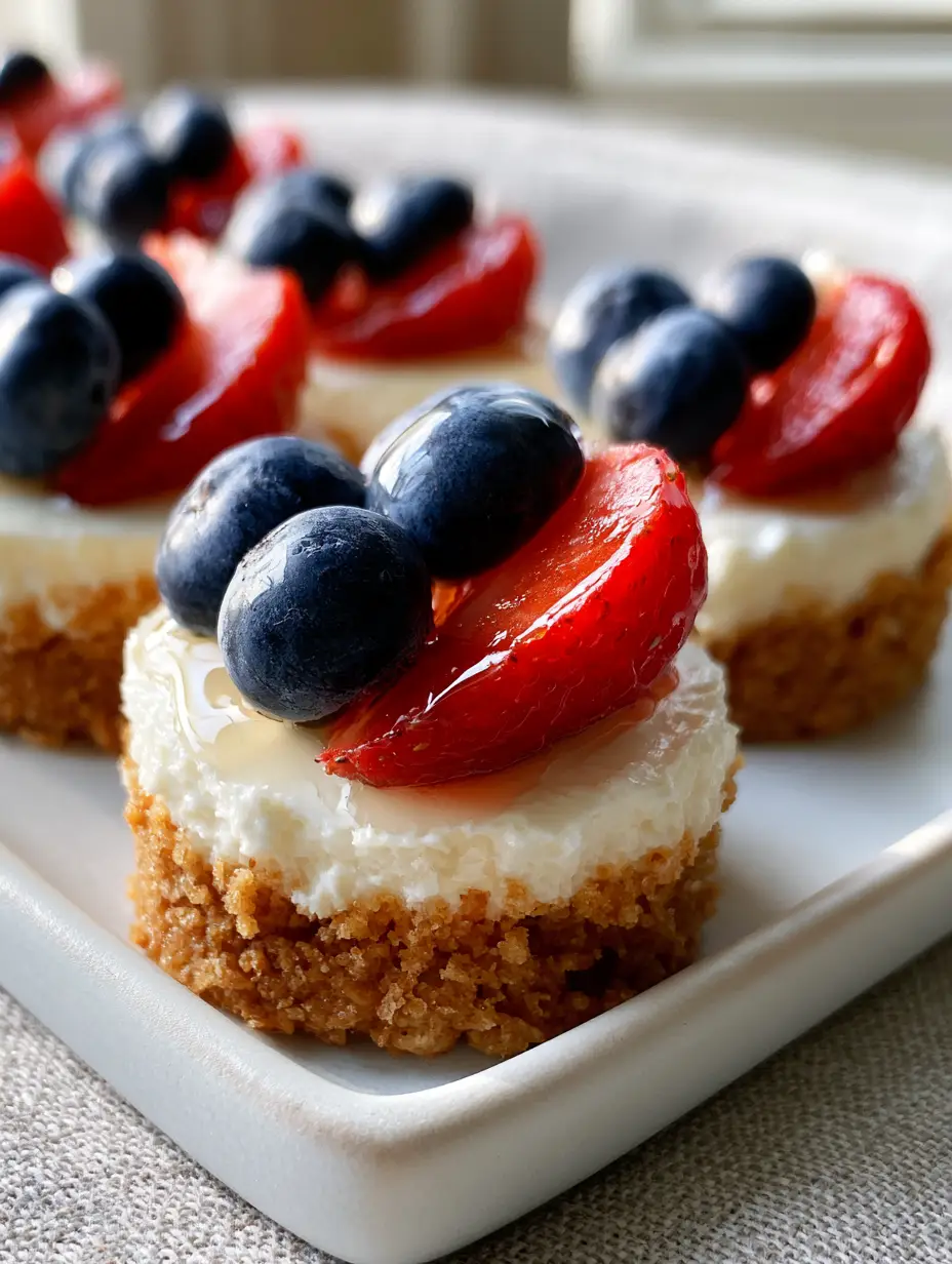 No-Bake Fourth of July Desserts: Red, White, and Blue Cheesecake Bites 3 Slightly overhead shot of dense, snow-white cheesecake bites with a thick graham cracker crust. (No-Bake Fourth of July Desserts)