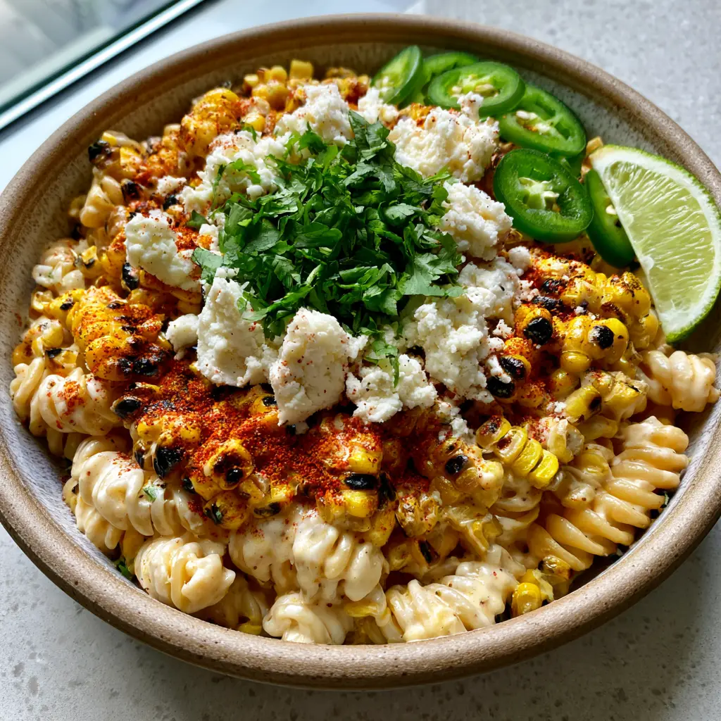 Elote Pasta Salad with Fire-Roasted Corn and Lime Crema 2 Handheld photo of elote pasta salad in a rustic bowl with charred corn kernels and lime-crema dressing.