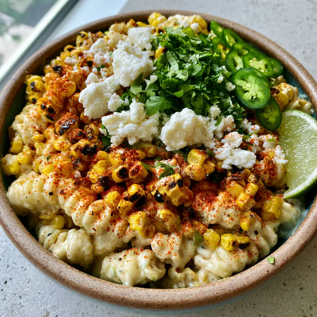 Elote Pasta Salad with Fire-Roasted Corn and Lime Crema 1 Overhead view of elote pasta salad garnished with cotija cheese, jalapeños, and fresh cilantro on a gray stone background.