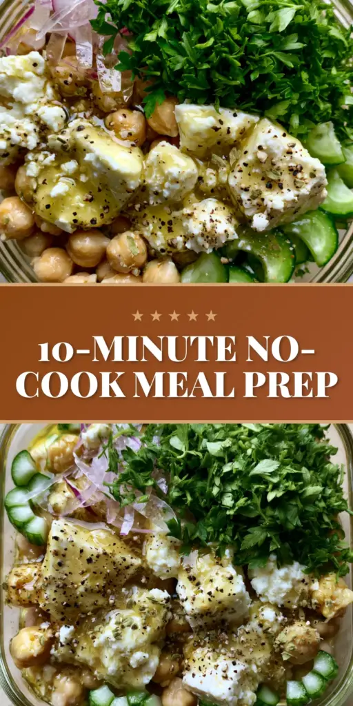 Chickpea Cucumber Feta Salad: The Ultimate Crisp Mediterranean Meal Prep 4 A top-down macro shot of chickpea cucumber feta salad in a glass meal prep container on a light wood background.