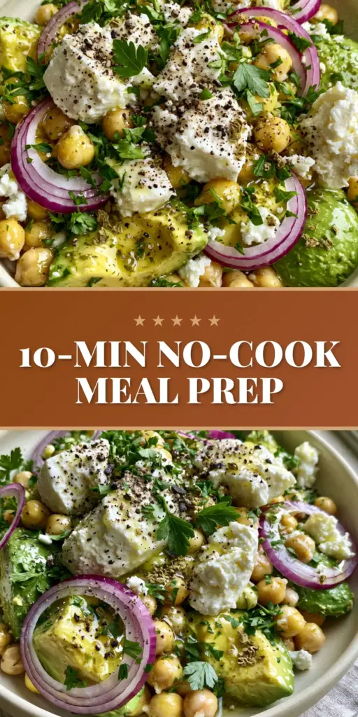 Chickpea Feta Avocado Salad with Zesty Lemon Herb Vinaigrette 4 Vertical pin image showing a vibrant Mediterranean chickpea feta avocado salad in a cream ceramic bowl with fresh herbs and lemon. (chickpea feta avocado salad)