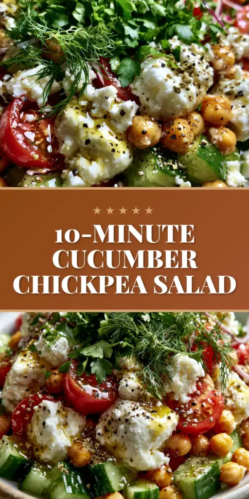 Cucumber Chickpea Feta Salad: The Ultimate 10-Minute Mediterranean Side 4 Extreme close-up of a 10-minute Mediterranean cucumber chickpea feta salad in a stoneware bowl with glossy lemon-herb dressing.