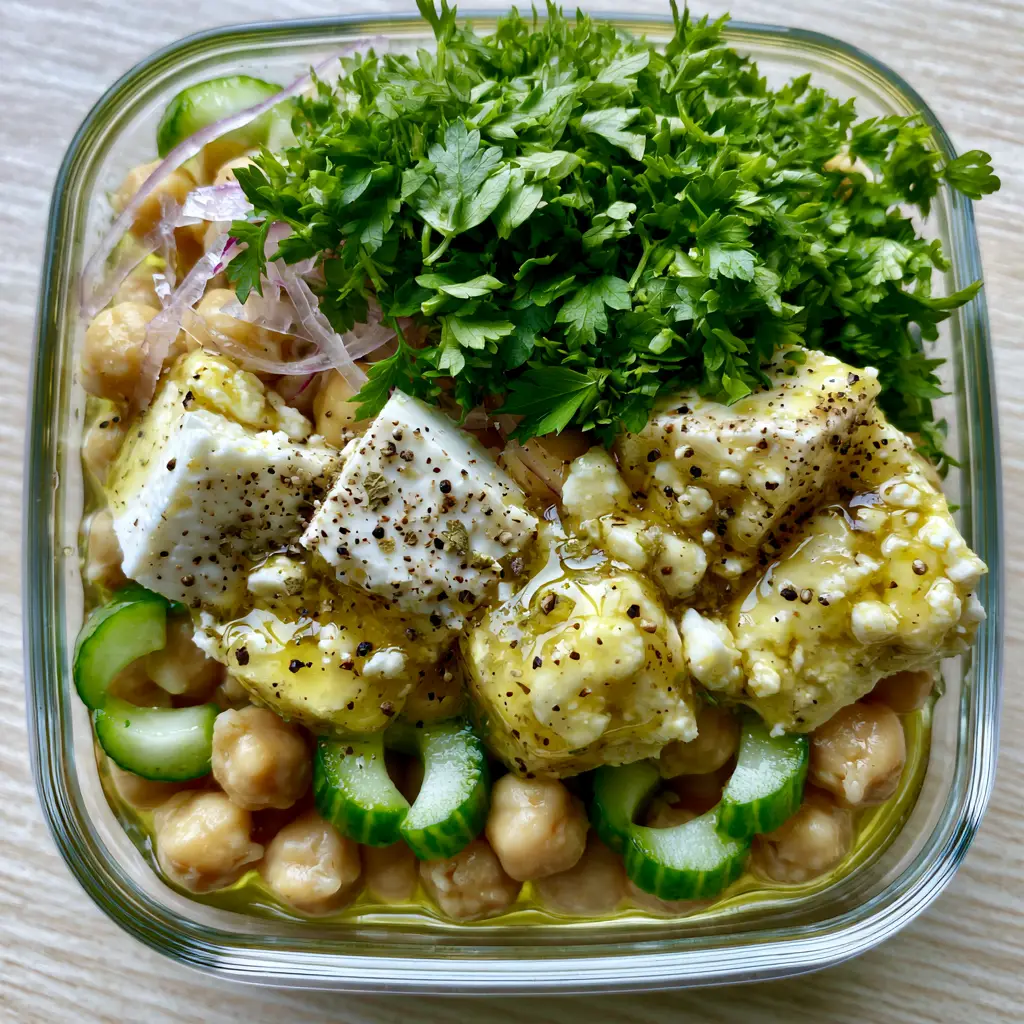 Chickpea Cucumber Feta Salad: The Ultimate Crisp Mediterranean Meal Prep 2 Close up detail of matte chickpeas and crisp crescent-cut cucumbers in a chickpea cucumber feta salad.