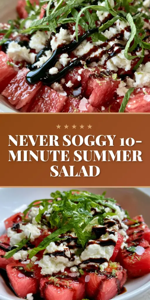 A high-end watermelon feta salad in a white bowl with balsamic glaze ribbons and fresh mint. (watermelon feta salad)