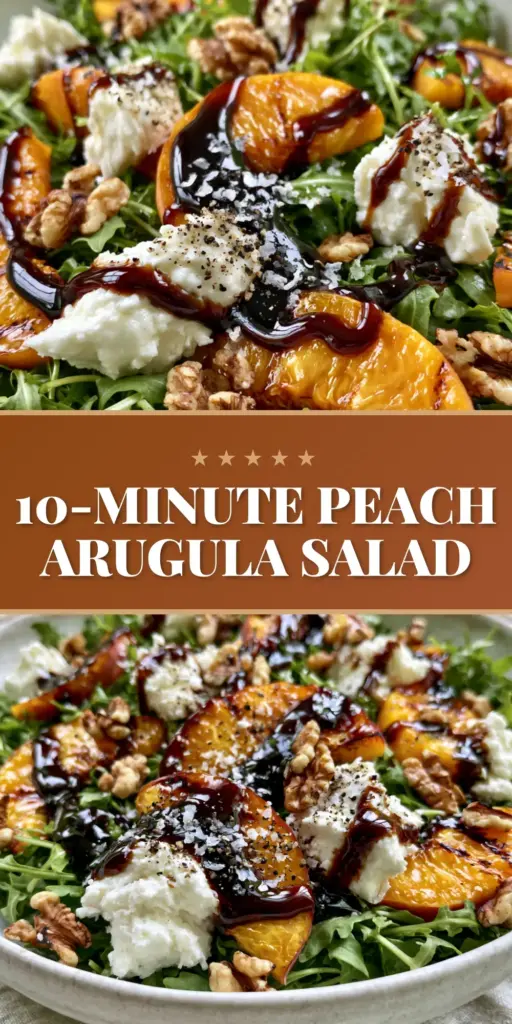 Peach Arugula Salad with Grilled Peaches and Creamy Goat Cheese 4 A close-up vertical shot of a vibrant Peach Arugula Salad with grilled peach slices, goat cheese, and balsamic glaze.