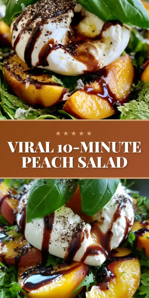 Summer Peach Salad with Creamy Burrata and Balsamic Glaze 4 A vertical overhead shot of a gourmet summer peach salad with burrata and balsamic glaze. (summer peach salad)