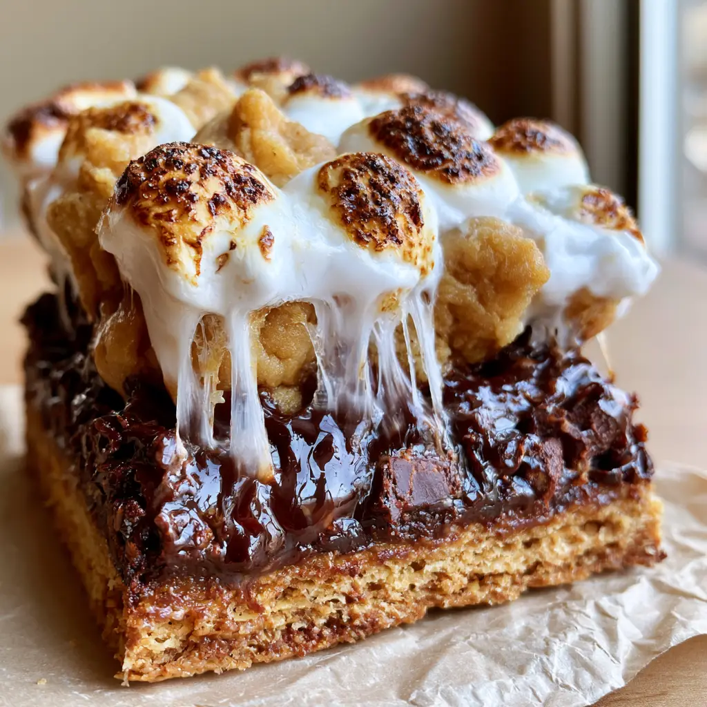 S'mores Cookie Bars: The Ultimate Gooey, Toasted Marshmallow Treat 2 Close-up of toasted mini marshmallows with charred brown spots and soft cookie dough peaks on top of s'mores cookie bars.