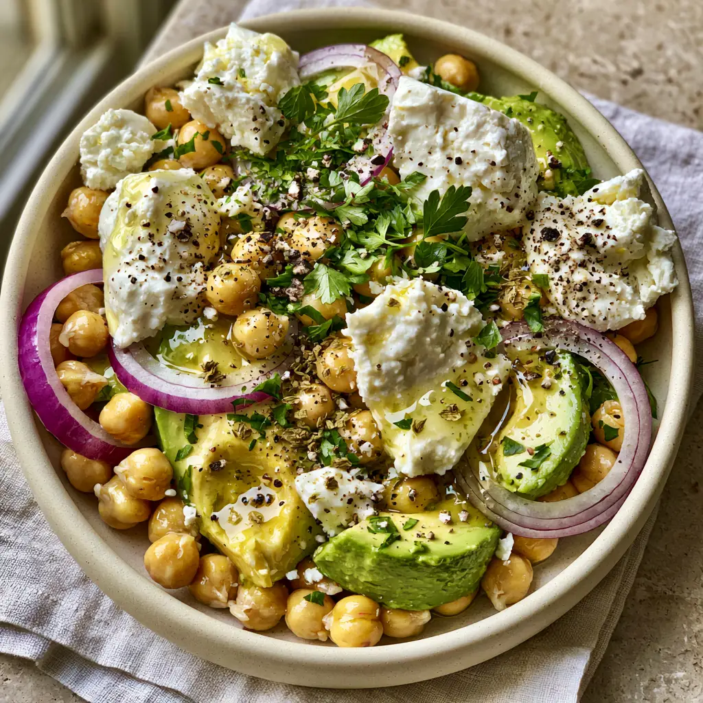 Chickpea Feta Avocado Salad with Zesty Lemon Herb Vinaigrette 2 Overhead view of a vibrant Mediterranean salad with plump chickpeas, buttery avocado, and red onions in a matte ceramic bowl. (chickpea feta avocado salad)
