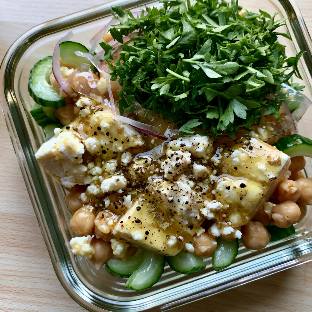 Chickpea Cucumber Feta Salad: The Ultimate Crisp Mediterranean Meal Prep 1 Irregular chunks of creamy white feta cheese scattered over a vibrant chickpea cucumber feta salad.