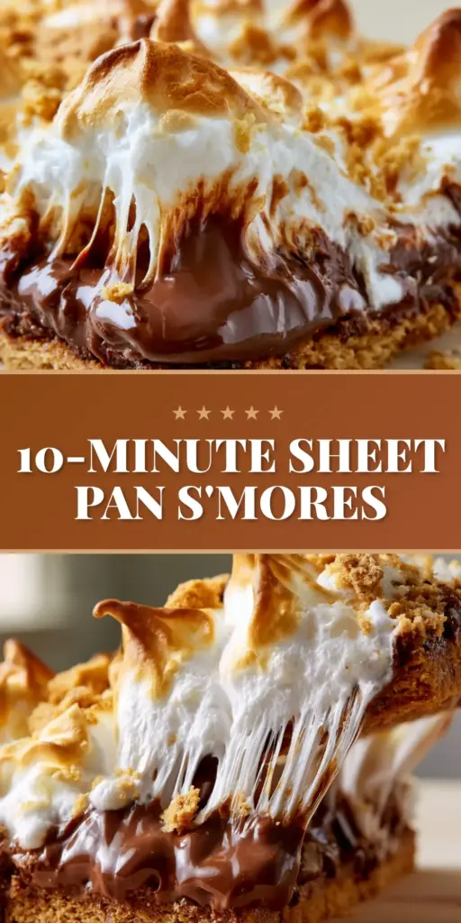 A low-angle macro shot of a handheld s'more bar being lifted from a pan, showing a massive, stretchy marshmallow pull over a molten milk chocolate layer and a thick graham cracker crust. (s'more bars)