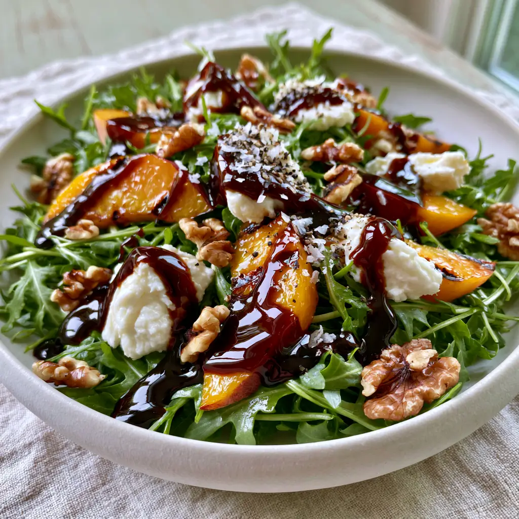 Peach Arugula Salad with Grilled Peaches and Creamy Goat Cheese 2 Overhead view of a Peach Arugula Salad in a white ceramic bowl featuring charred orange peaches and creamy white goat cheese.
