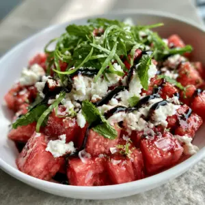 Close up of sharp-edged chilled watermelon cubes topped with rustic feta crumbles. (watermelon feta salad)