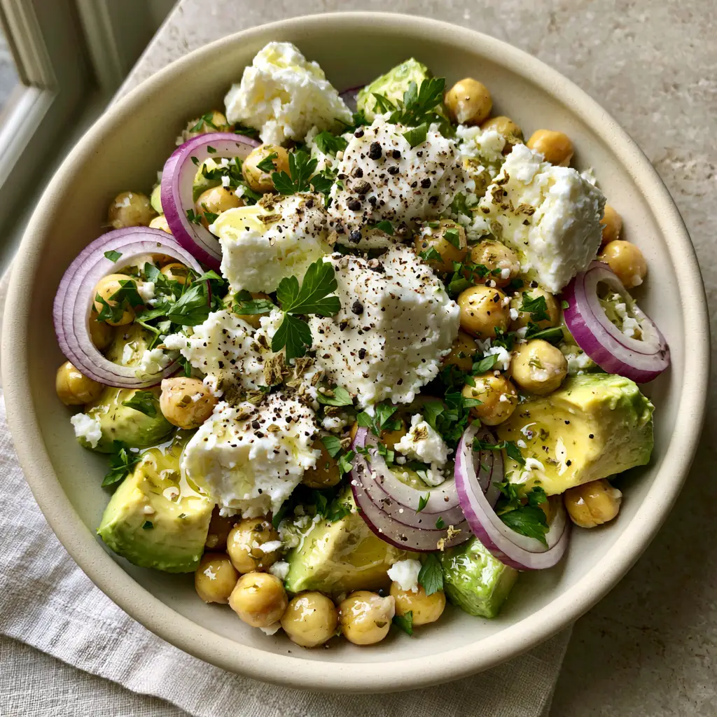Chickpea Feta Avocado Salad with Zesty Lemon Herb Vinaigrette 1 Close-up of chickpea feta avocado salad showing the glistening lemon-herb vinaigrette and cracked black pepper garnish.